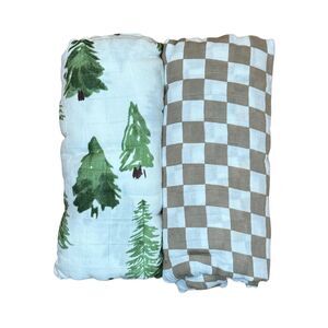 Super-soft Infant Swaddle Set in Evergreen and Coffee Checkered Pattern